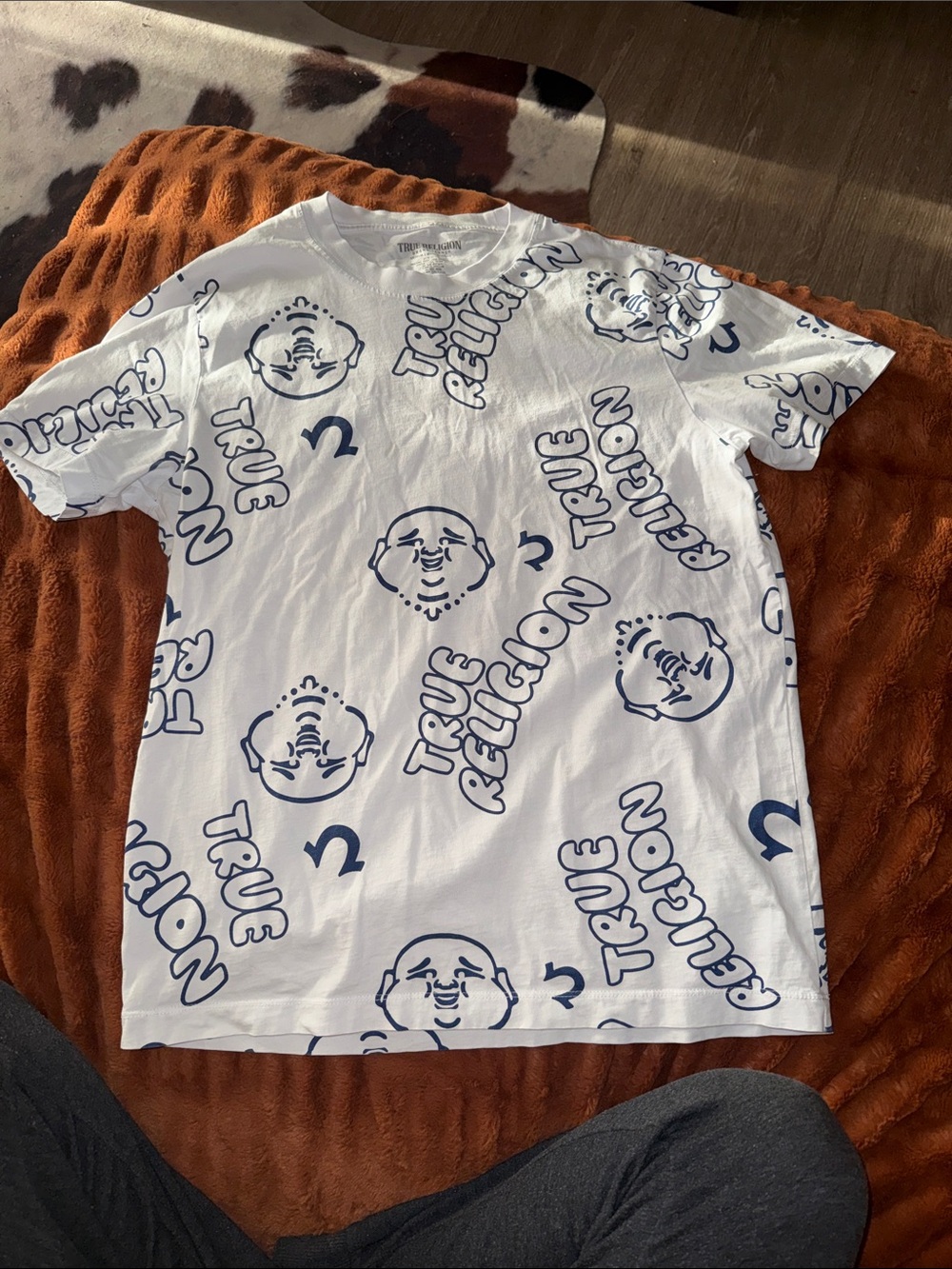 True Religion White Short Sleeve Tee with Navy Allover Graphics